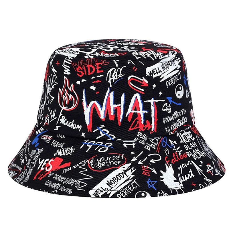 1 Men's "What" Graffiti-Style Bucket Hat Black Colorful Perfect for Trendy Outfit