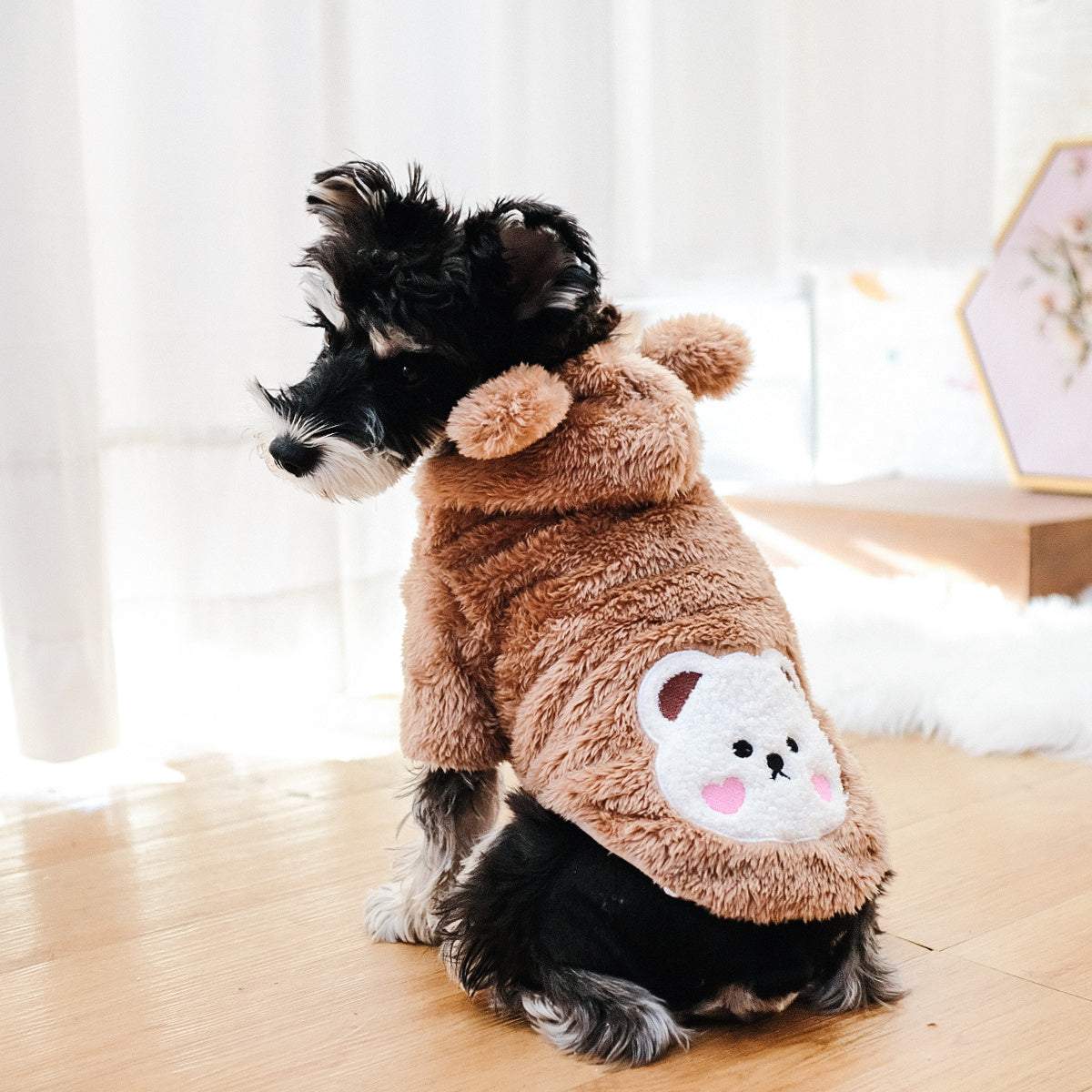Small dog and cat wearing all-season warm teddy bear costumes made of 100% polyester pullover material