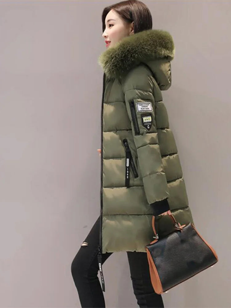 Women Winter Fur Collar Hooded Parka Fashion Design Long Jacket Elegant Slim Warm Thick Female Coats