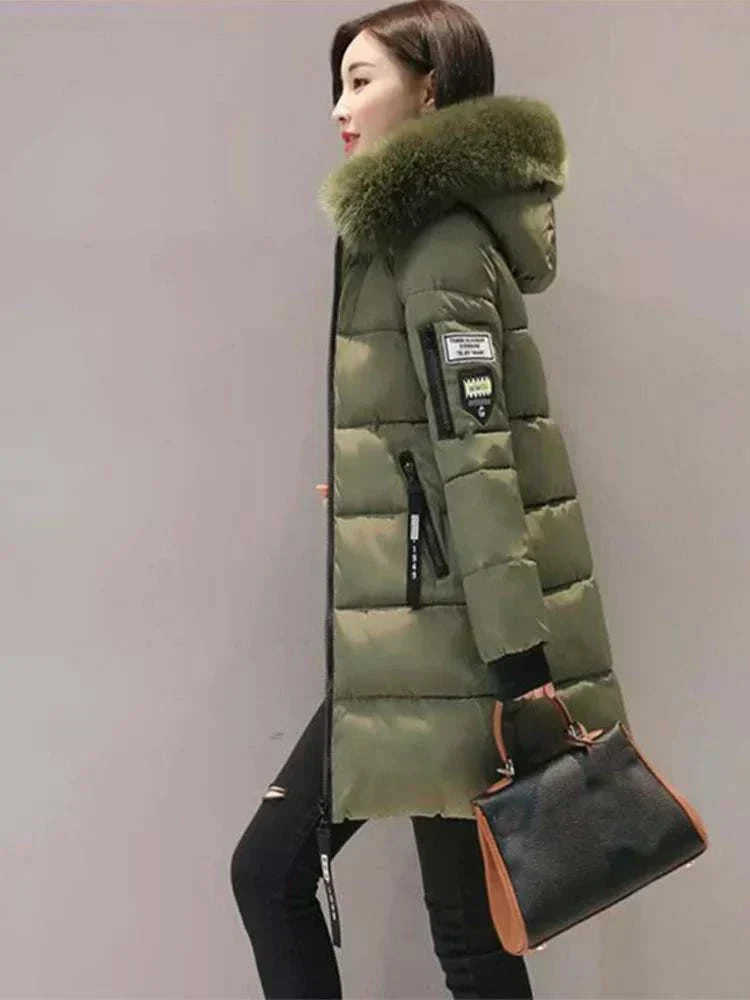 Elegant women's winter coat with fur collar hooded long zipper parka