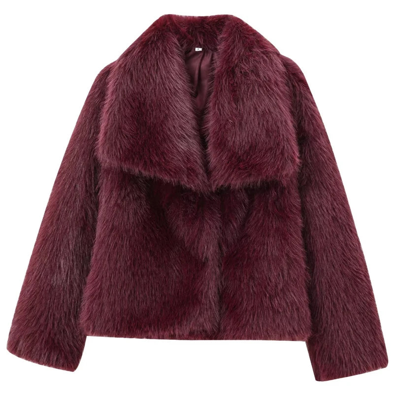 Women's Fur Coat Plush Burgundy Bomber Jacket Solid Crop Long Sleeve Jacket Warm Winter Coats Woman Casual Coats