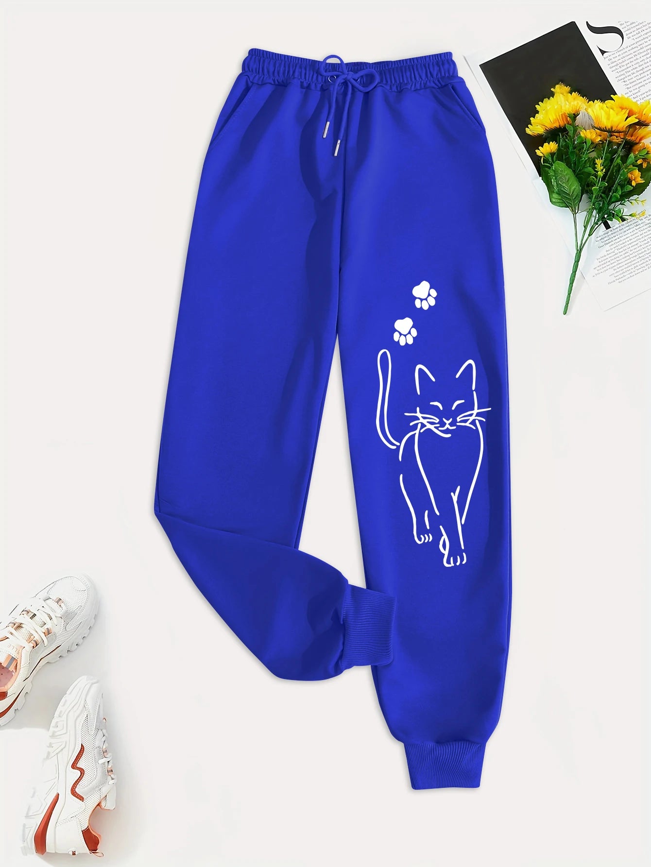 Elegant Cat Print Female Casual Versatile Women Pants Fashion Trendy Trousers With Drawstring Pockets Comfortable Sweatpants