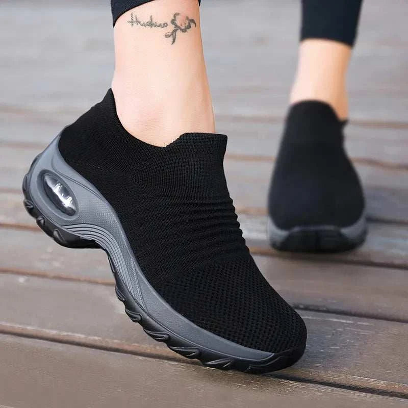 Women's casual sports socks with black mesh slip-on sneaker design and medium heel for spring and autumn