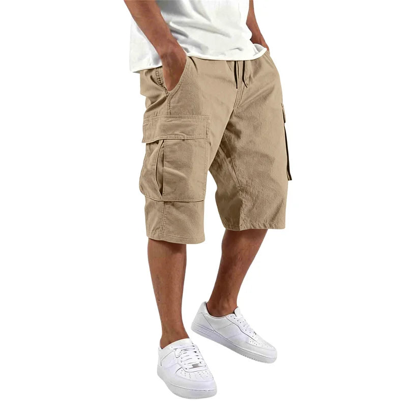 Summer loose straight Casual multi-pocket Shorts fashion Men drawstring daily cargo short pants