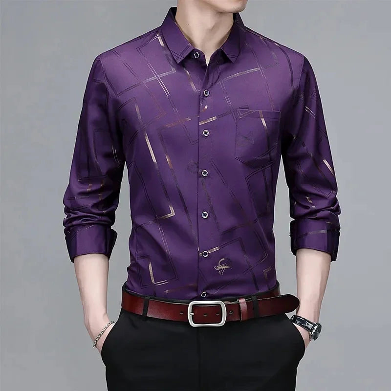 Men's Casual Long Sleeve Printed Shirt Smart Casual Business Top Non-Ironing Wrinkle Resistant Turn-down Collar Polyester