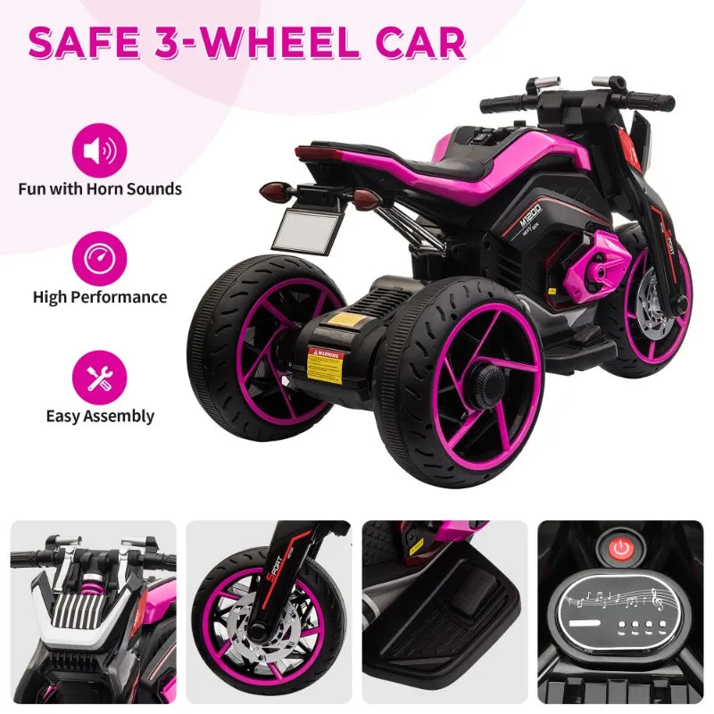 12V Three-Wheel Kids Electric Motorcycle with Horn LED Lights Gift for Ages 3-8 Rosy Color Ride-On Toy