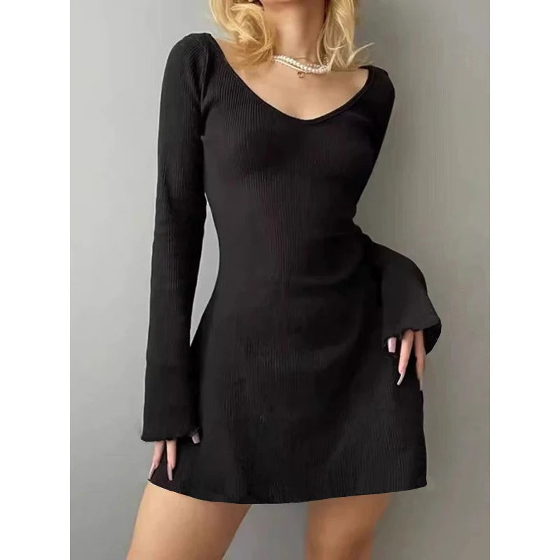 Elegant And Pretty Women New Black Sexy Short Dress Female V Neck Long Sleeve Mini Dress