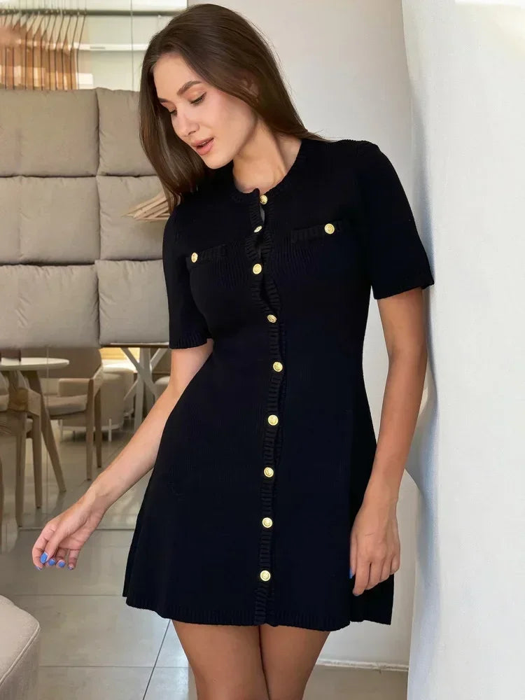 Trendix Elegant Knit Mini Dress Women Street Short Sleeve Rib Sweater Vacation Bodycon Knitwear Dress