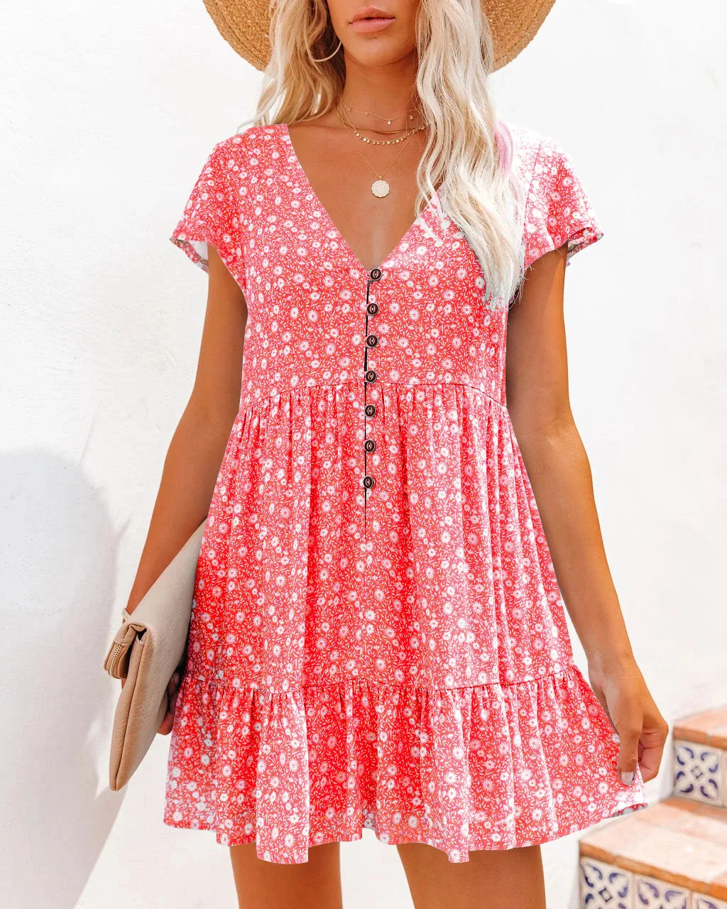 In Europe and the spring and summer independent stand button small broken flower loose women's leisure dress