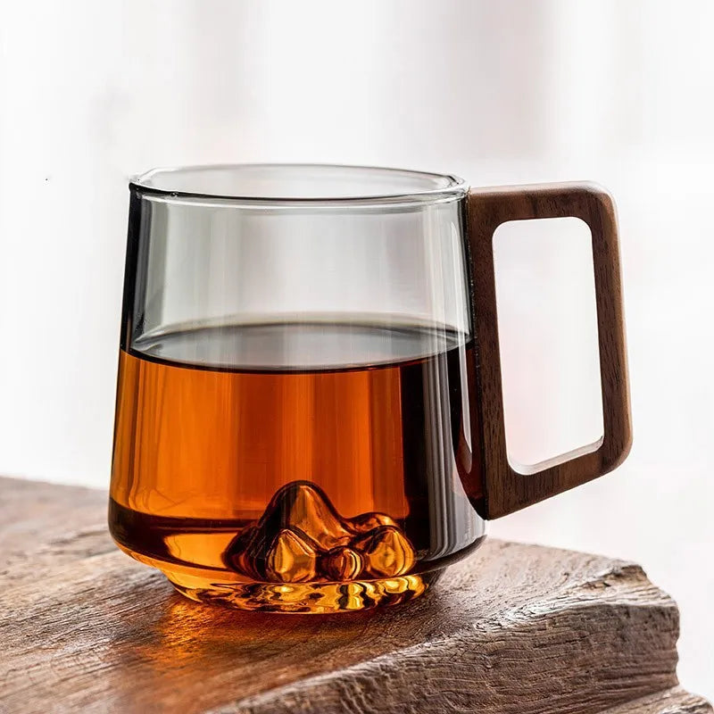 Guanshan Single-layer Glass Side Wooden Handle Drinking Cups Household Large-capacity Milk Tea Juice Cup