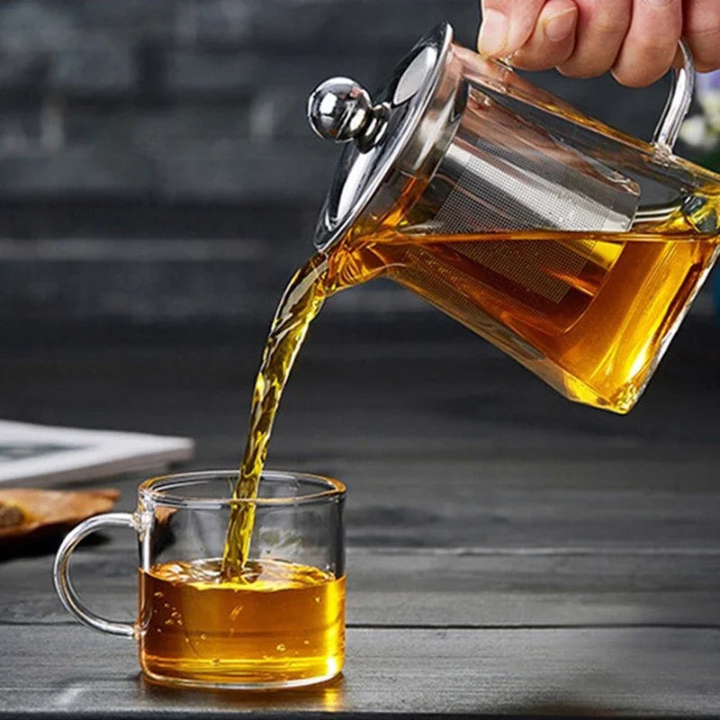 Heat Resistant Glass Teapot With Stainless Steel Coffee Infuser Heated Container Tea Pot