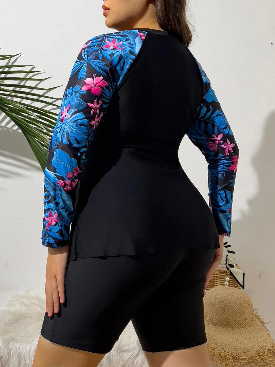 Plus Size Long Sleeve Surfing Suit 2 Piece Swimsuit Women Bathing Swimming Beachwear