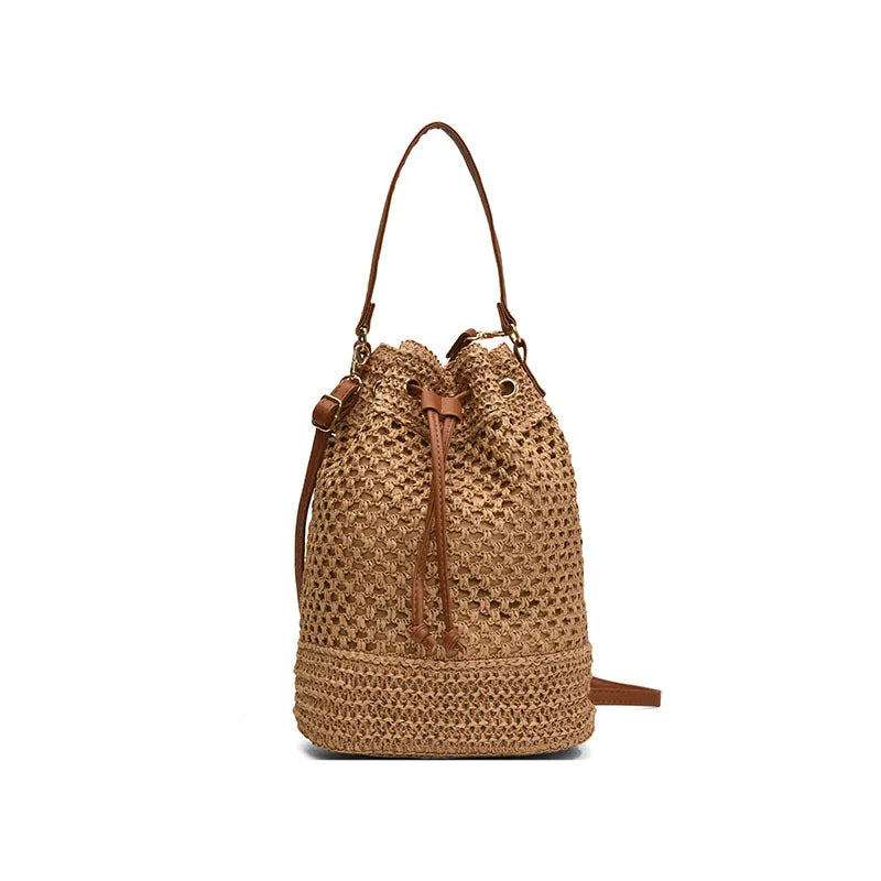 Women's 2024 Fashion Straw Bucket Bag Summer Shoulder Crossbody Beach Bag Stylish Niche Hundred Design