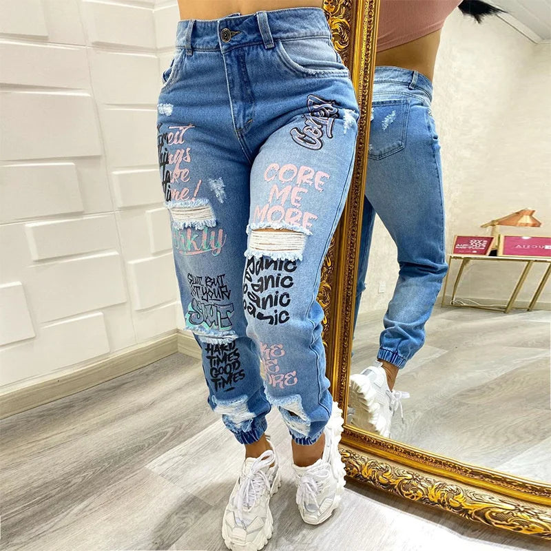 Fashion Alphabet Print Stretch Leg Pencil Jeans Women Trend Broken Holes Denim Pants Chic Trousers