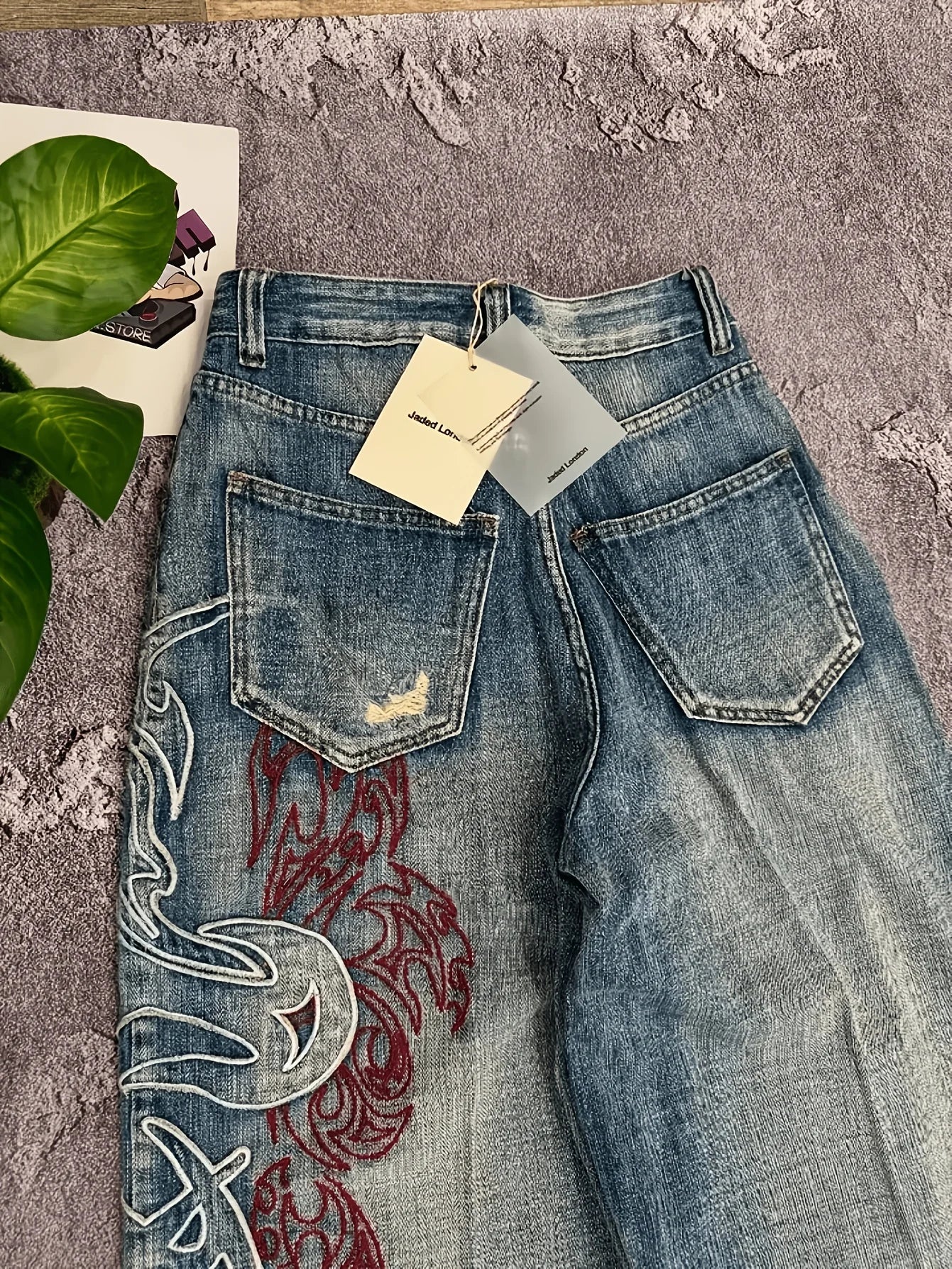 Men's Loose Fit Wide Leg Jeans Embroidery Vintage Washed Denim Streetwear Pant