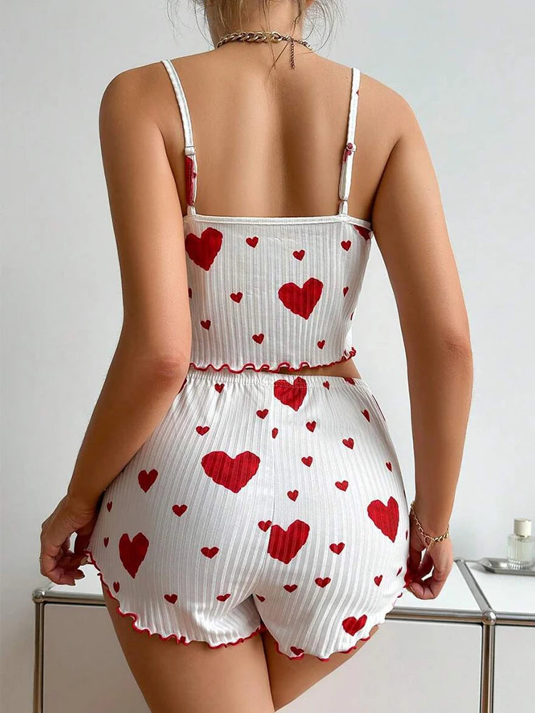 Women Pajama Heart Print Camisole With Shorts Casual Lovely Nightie Home-wear Sleepwear Comfotable Stripe Summer Pajamas Set