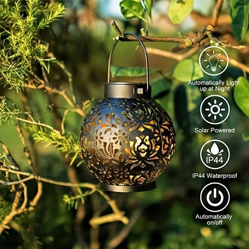 Outdoor Garden Landscape Decoration Solar Lights LED Hanging Hollow Projection Lights Metal Waterproof round Lantern Lights