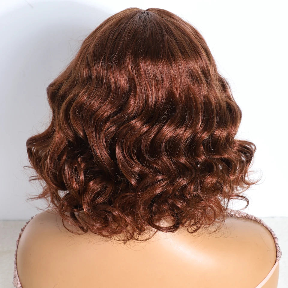 Lekker Brown Short Deep Wavy Bob 100% Human Hair Wigs With Bangs For Women Brazilian Daily Mom Wigs