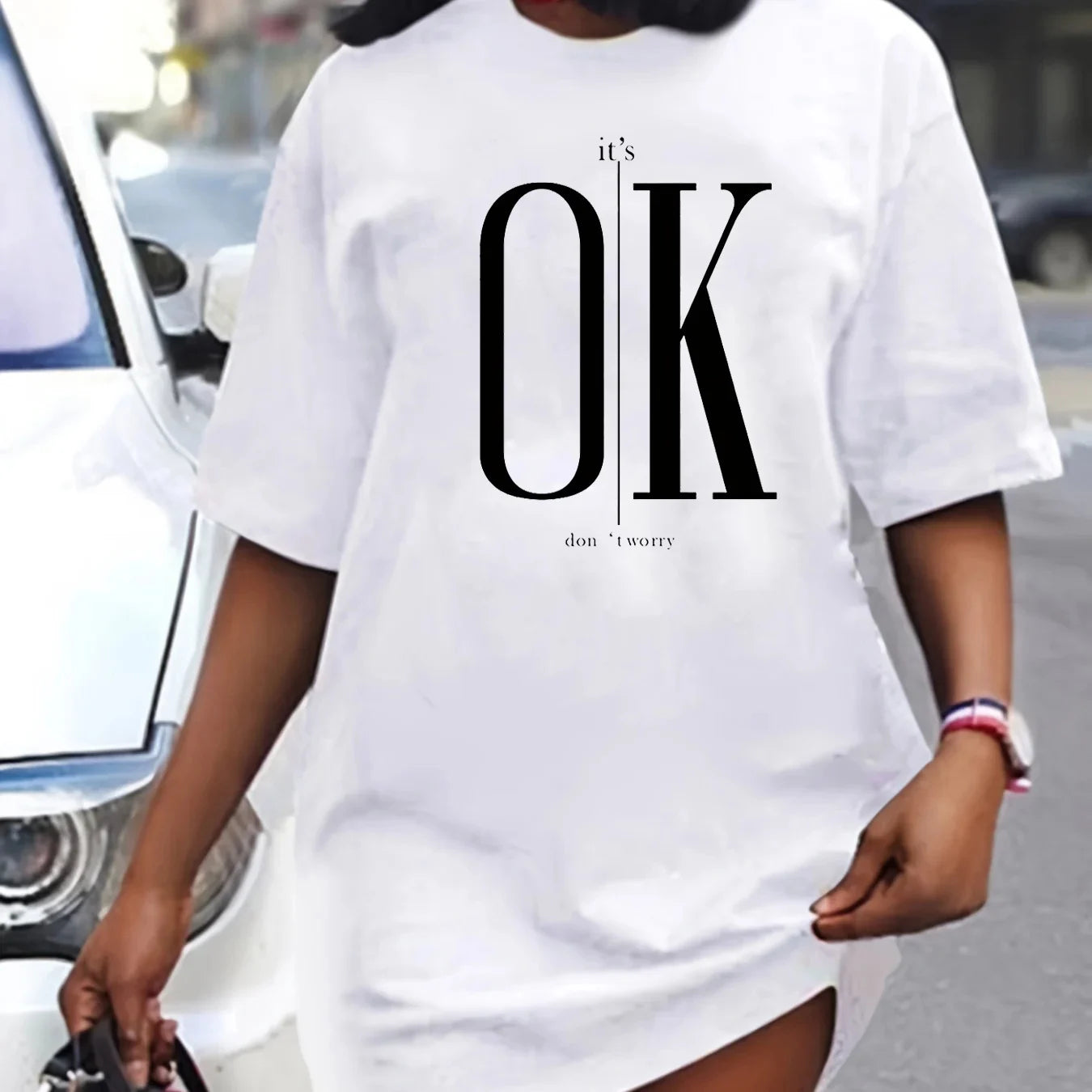 Women's summer casual It's OK don't Worry print lip print print loose size short sleeved T-shirt dress