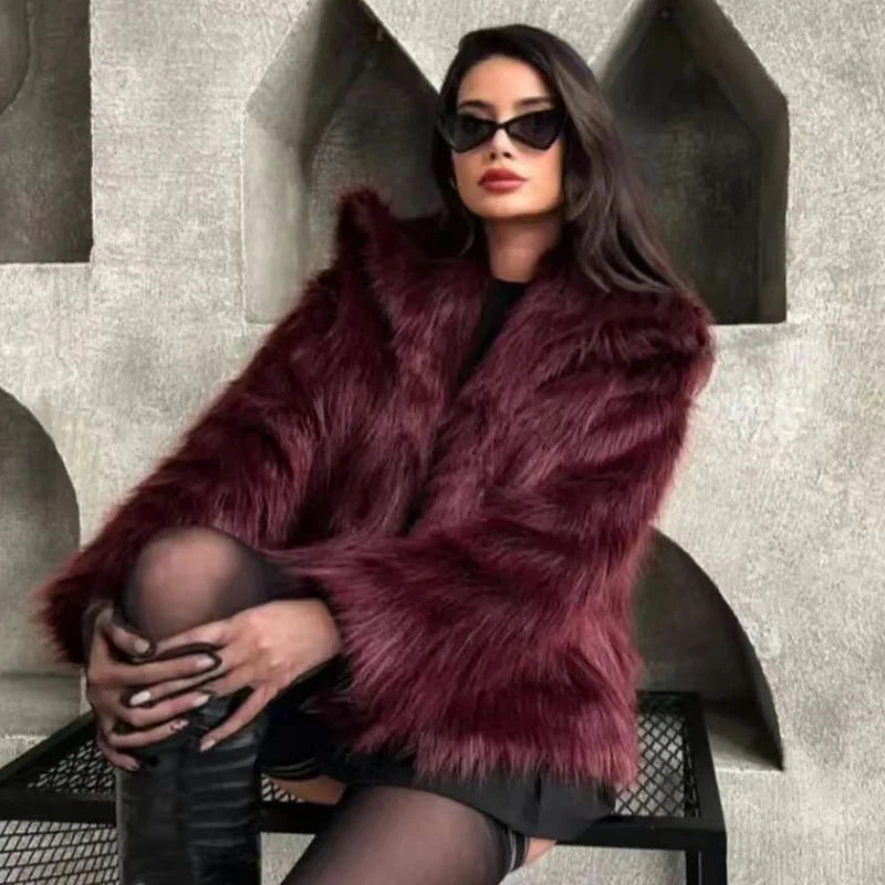 Women's Fur Coat Plush Burgundy Bomber Jacket Solid Crop Long Sleeve Jacket Warm Winter Coats Woman Casual Coats