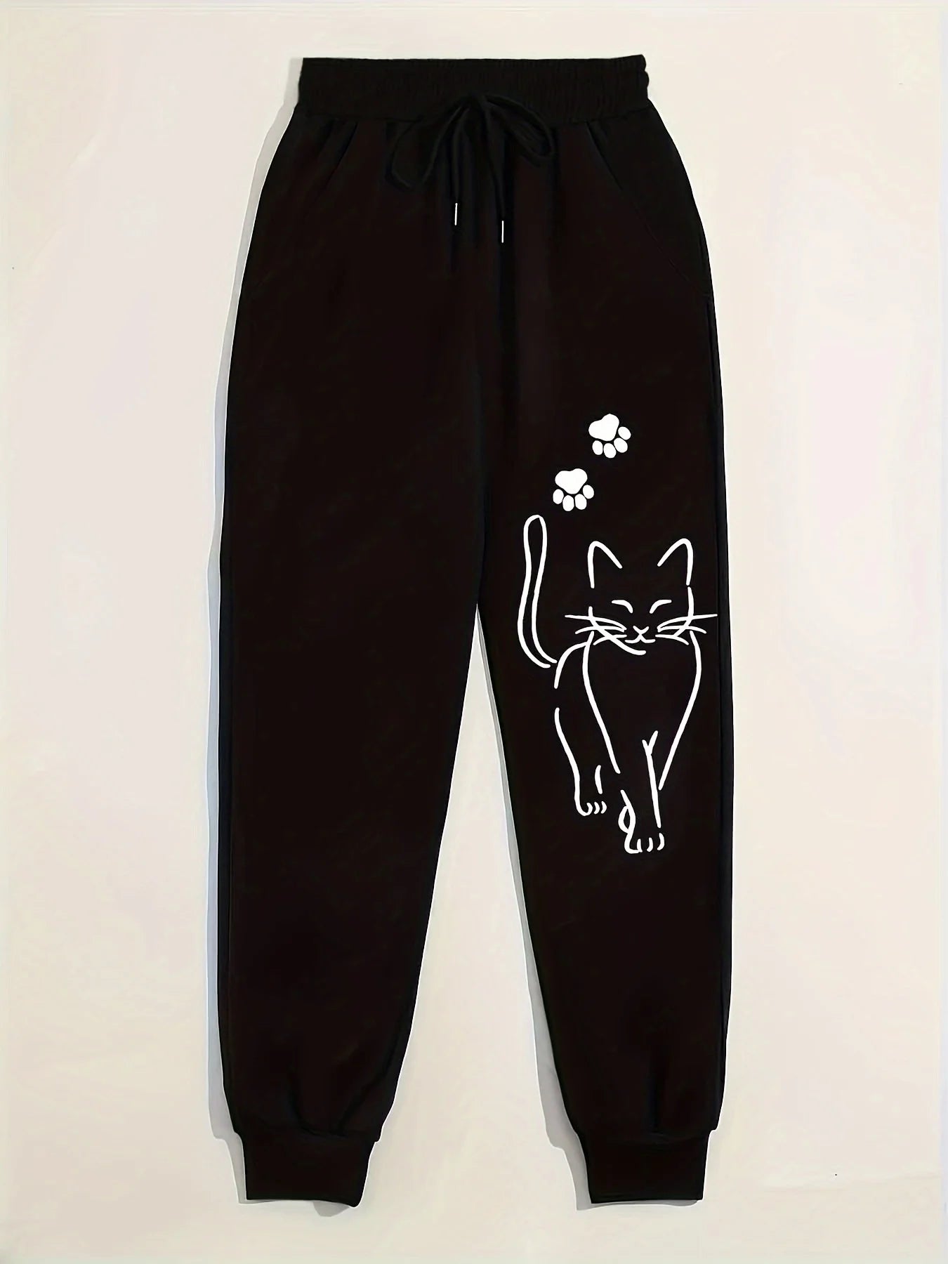 Elegant Cat Print Female Casual Versatile Women Pants Fashion Trendy Trousers With Drawstring Pockets Comfortable Sweatpants