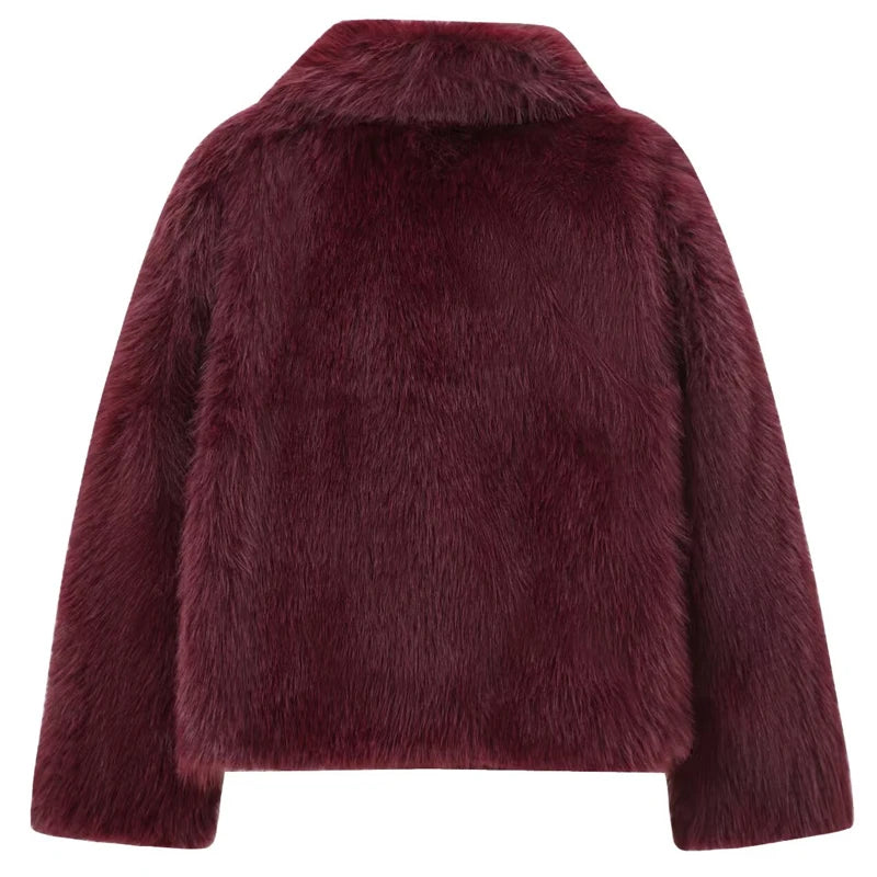 Women's Fur Coat Plush Burgundy Bomber Jacket Solid Crop Long Sleeve Jacket Warm Winter Coats Woman Casual Coats
