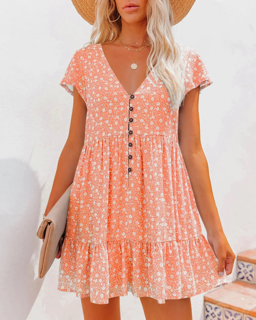 In Europe and the spring and summer independent stand button small broken flower loose women's leisure dress