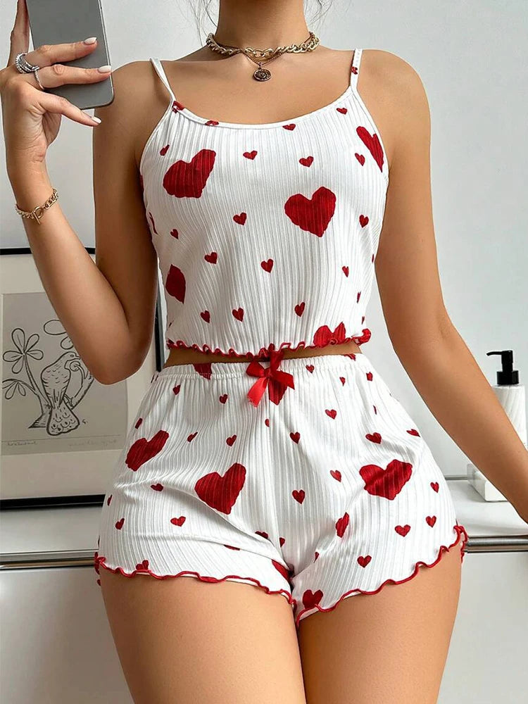 Women Pajama Heart Print Camisole With Shorts Casual Lovely Nightie Home-wear Sleepwear Comfotable Stripe Summer Pajamas Set