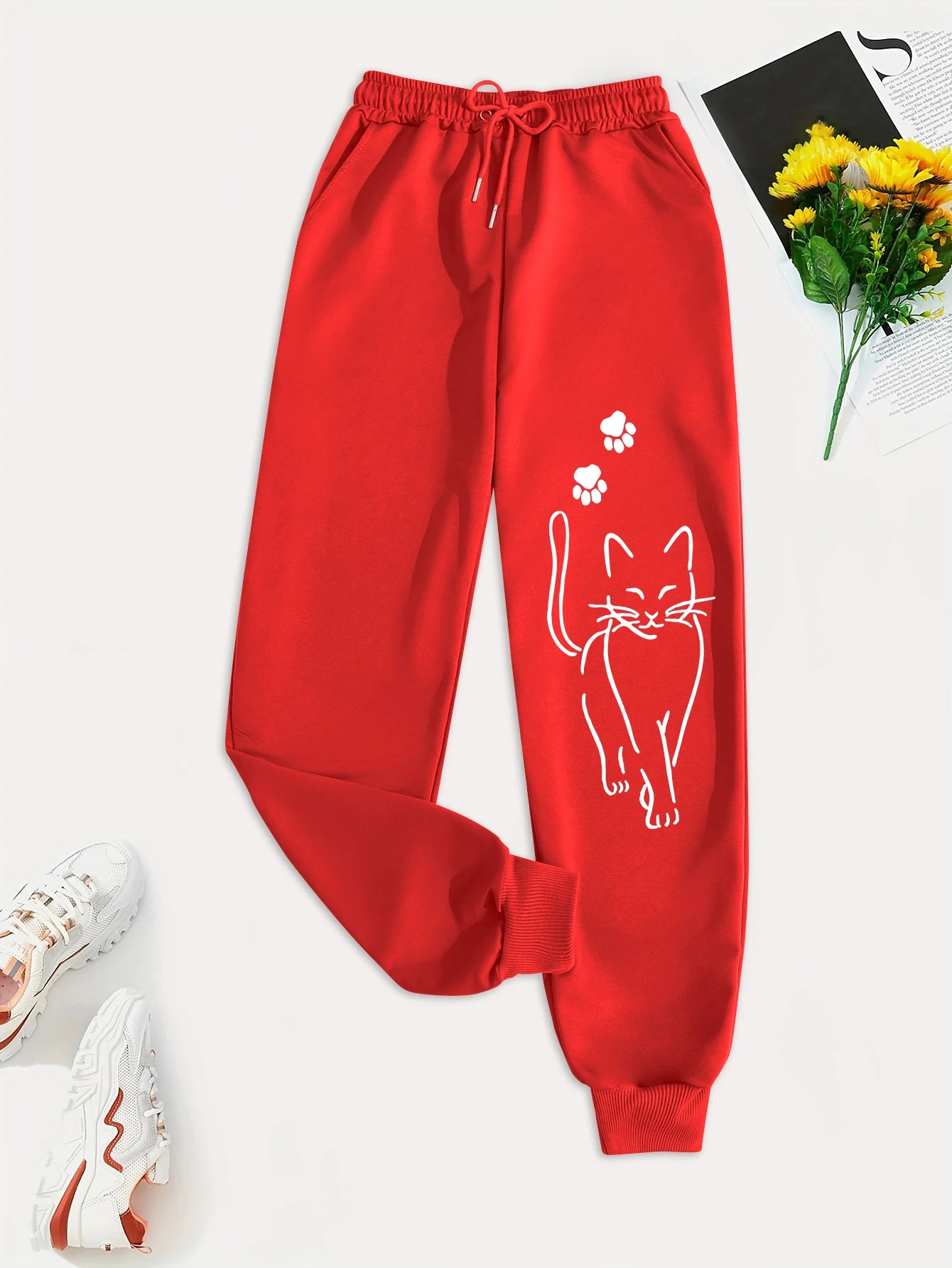 Elegant Cat Print Female Casual Versatile Women Pants Fashion Trendy Trousers With Drawstring Pockets Comfortable Sweatpants