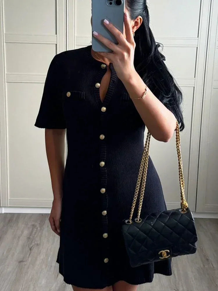 Trendix Elegant Knit Mini Dress Women Street Short Sleeve Rib Sweater Vacation Bodycon Knitwear Dress