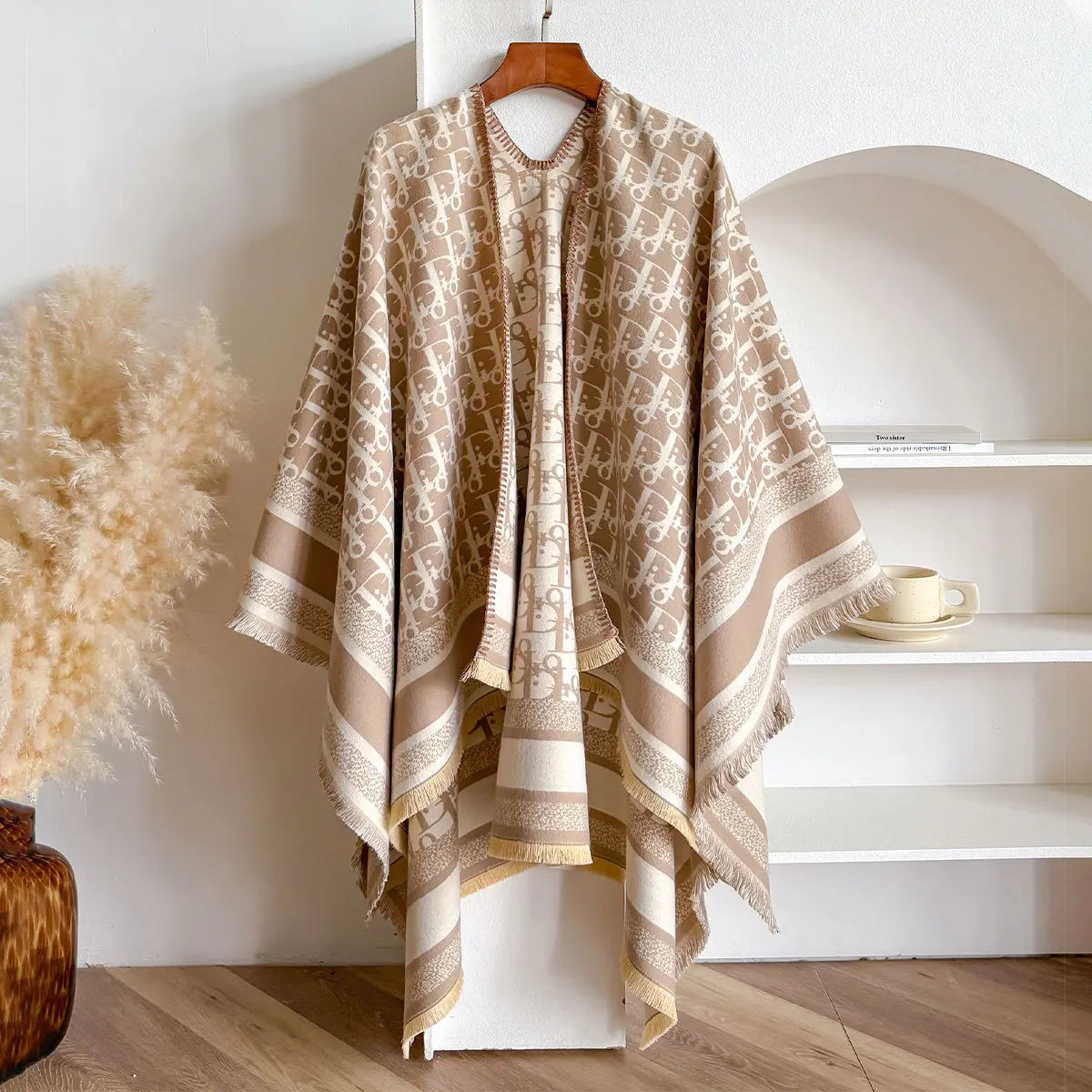 Winter Fashion Women's Scarf Warm Acrylic Shawl Black White Vintage Letter Design Cape Poncho Travel Accessory