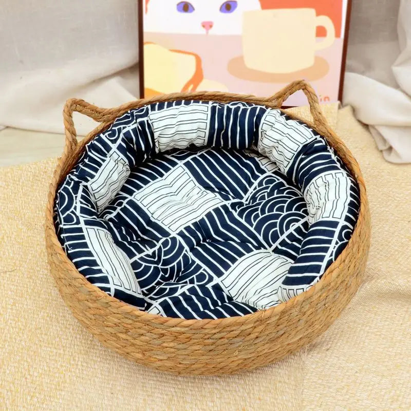 OUZEY Rattan Weaving Cat Basket With Cushion Soft Warm Comfortable Sleeping Cat House