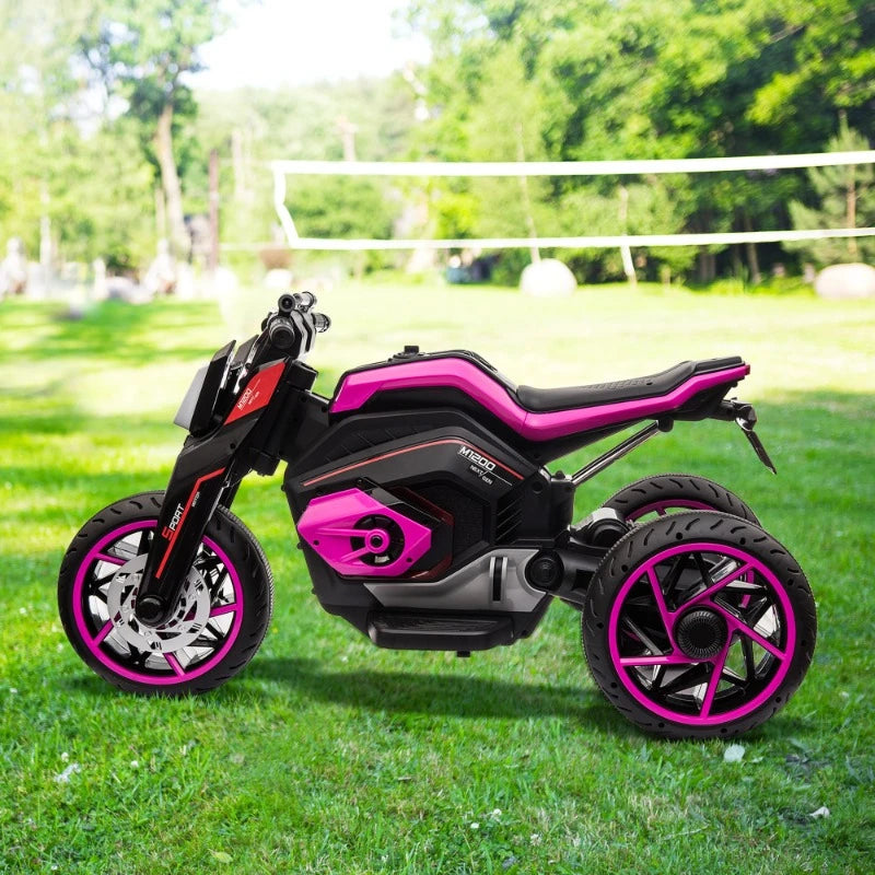 12V Three-Wheel Kids Electric Motorcycle with Horn LED Lights Gift for Ages 3-8 Rosy Color Ride-On Toy