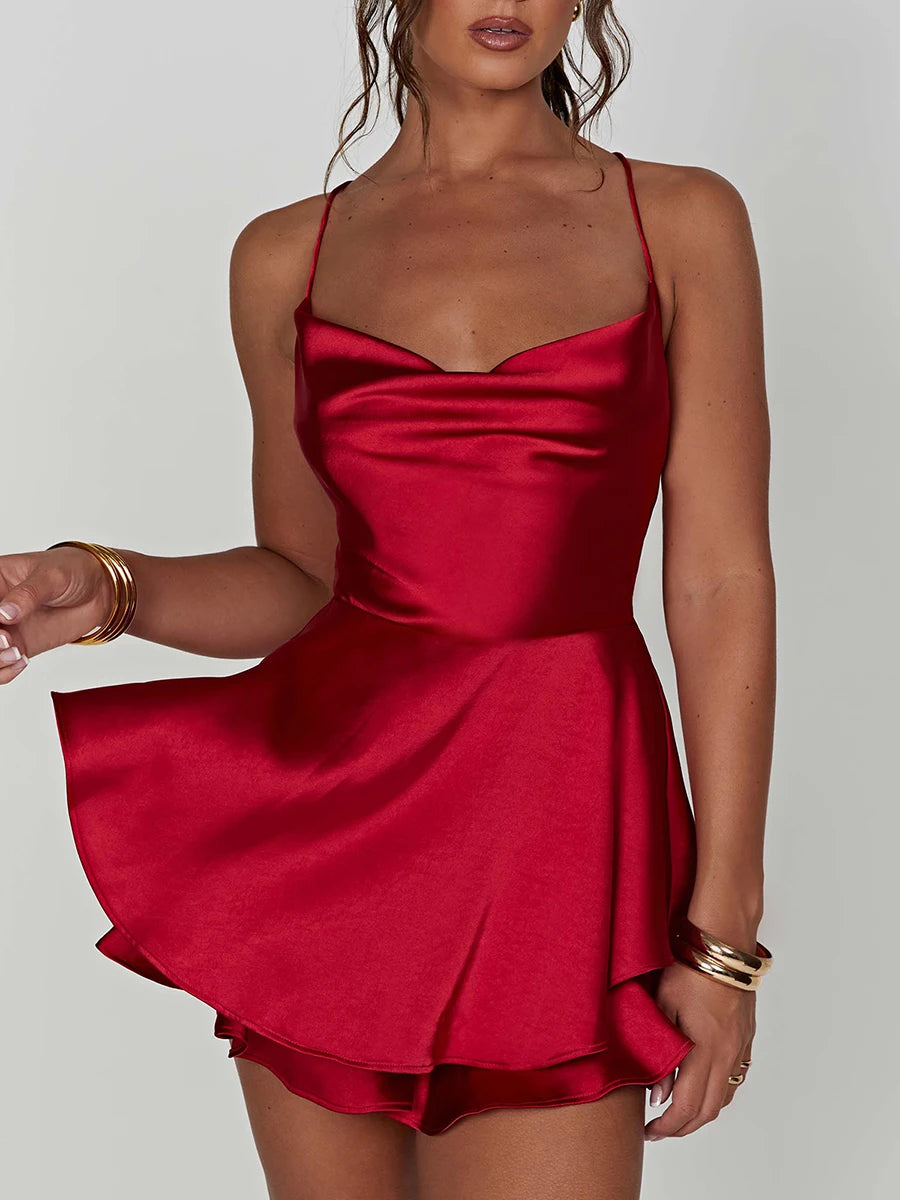 Satin Silk Women Sexy Cami Playsuits Dress Solid Cowl Neck Short Jumpsuits Cross Tie-Up Romper