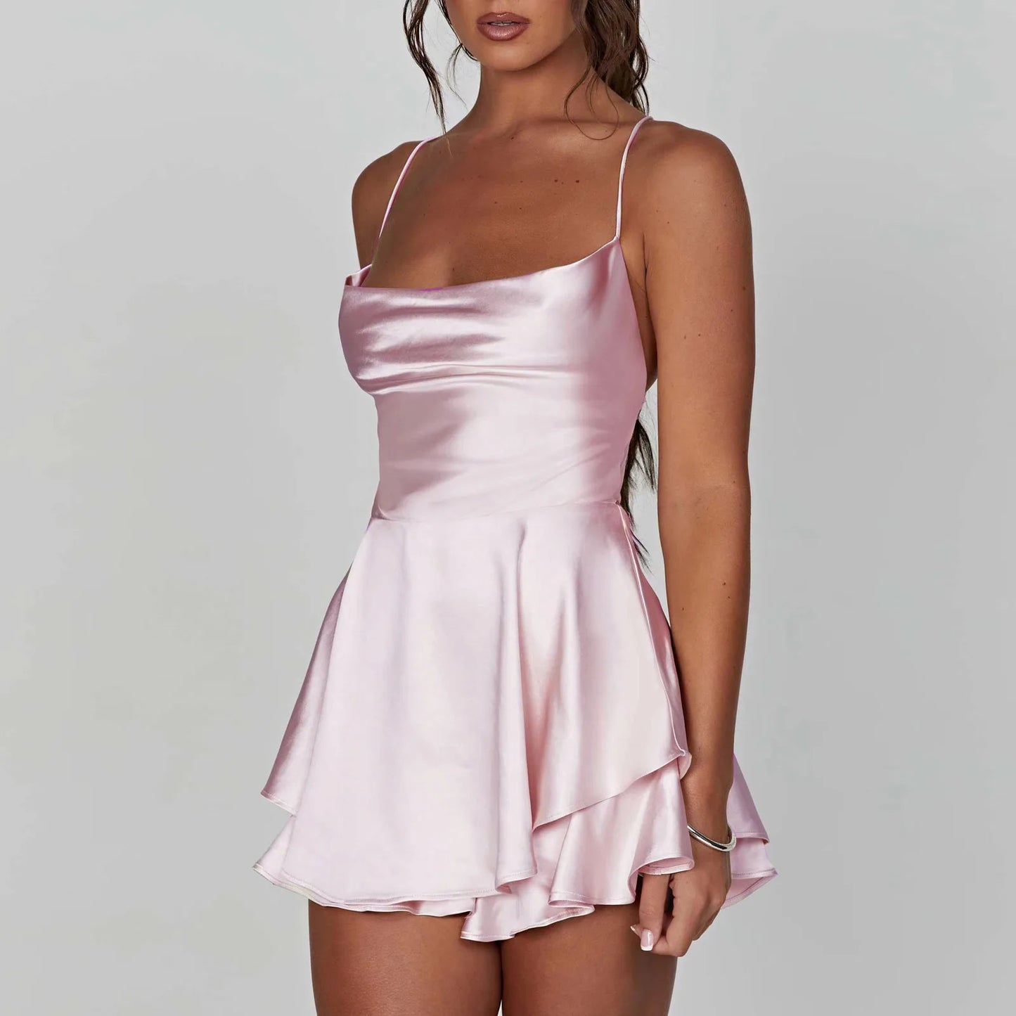 Satin Silk Women Sexy Cami Playsuits Dress Solid Cowl Neck Short Jumpsuits Cross Tie-Up Romper