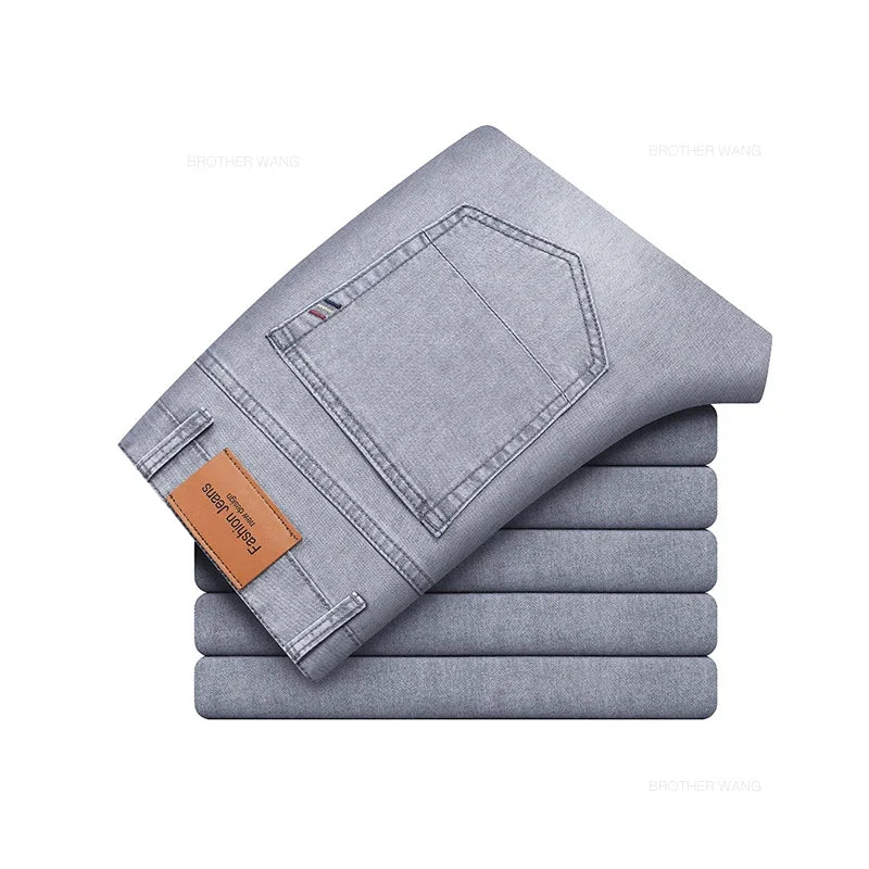 Summer Thin Elastic Cotton Men's Jeans Fashion Gray Comfortable Business Straight Casual Pants