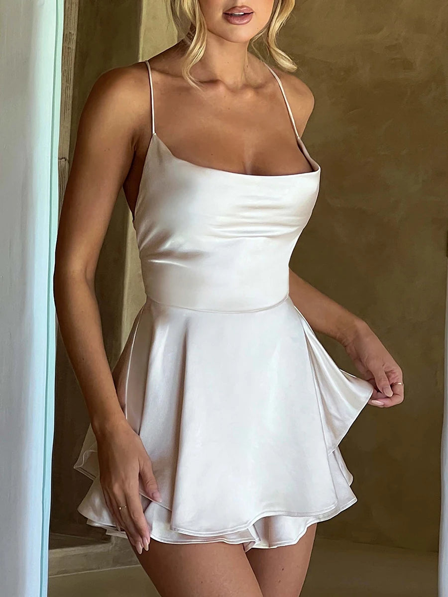Satin Silk Women Sexy Cami Playsuits Dress Solid Cowl Neck Short Jumpsuits Cross Tie-Up Romper