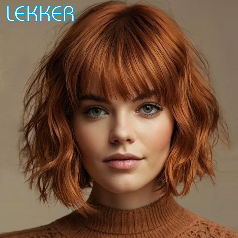 Lekker Brown Short Deep Wavy Bob 100% Human Hair Wigs With Bangs For Women Brazilian Daily Mom Wigs