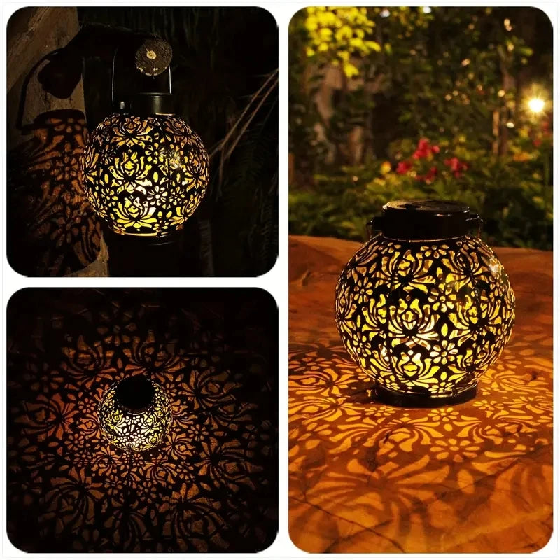 Outdoor Garden Landscape Decoration Solar Lights LED Hanging Hollow Projection Lights Metal Waterproof round Lantern Lights