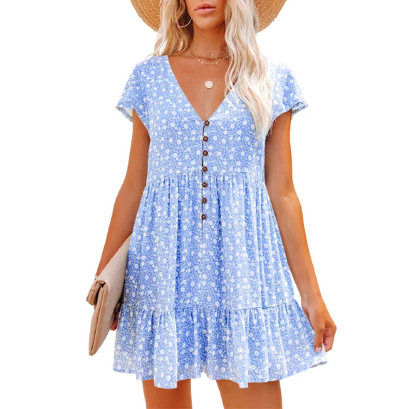 In Europe and the spring and summer independent stand button small broken flower loose women's leisure dress