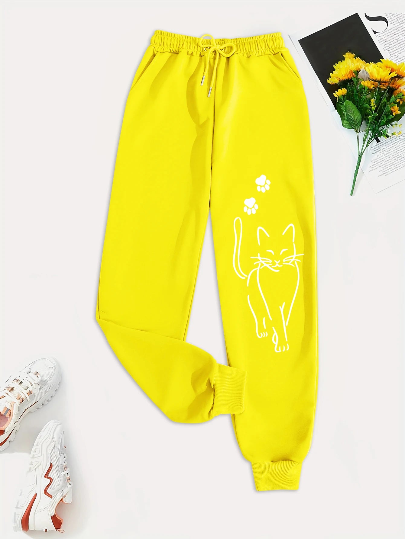 Elegant Cat Print Female Casual Versatile Women Pants Fashion Trendy Trousers With Drawstring Pockets Comfortable Sweatpants
