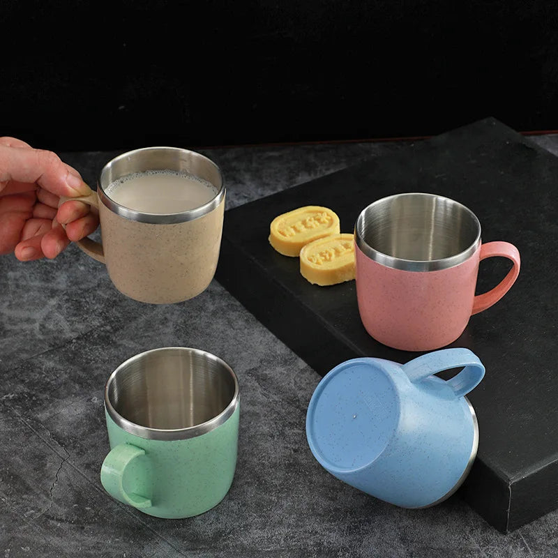 Double Layer Anti-scalding Stainless Steel Cups 1pc Plastic Handle Coffee Milk Mug Tea Tumbler Drinks Water Cup for Home Office