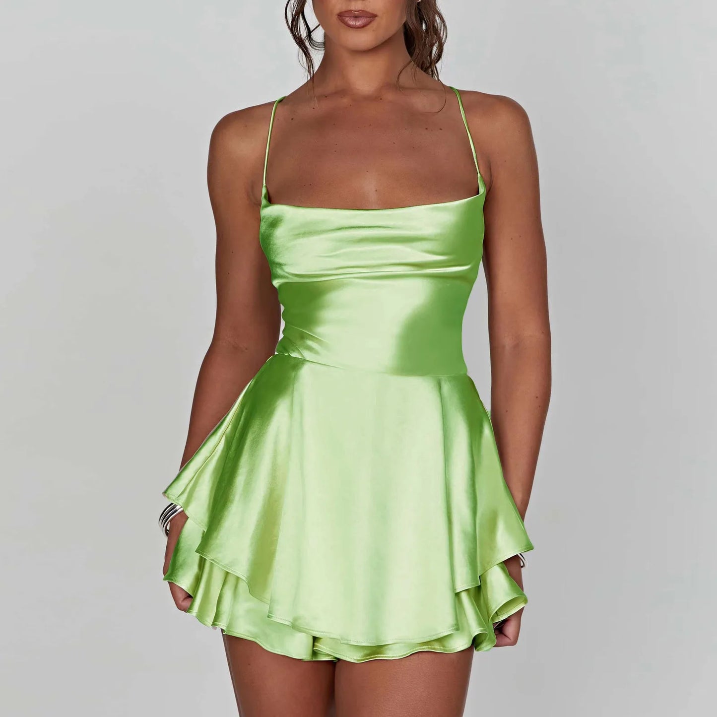 Satin Silk Women Sexy Cami Playsuits Dress Solid Cowl Neck Short Jumpsuits Cross Tie-Up Romper