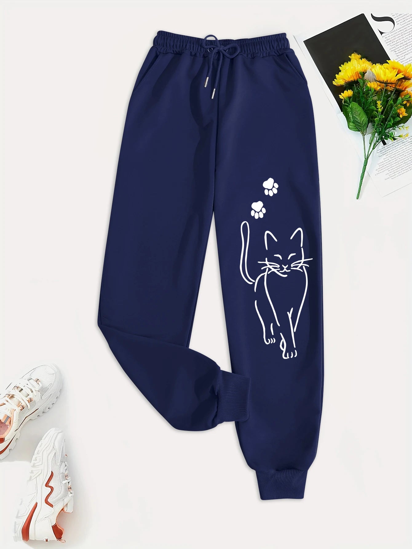 Elegant Cat Print Female Casual Versatile Women Pants Fashion Trendy Trousers With Drawstring Pockets Comfortable Sweatpants