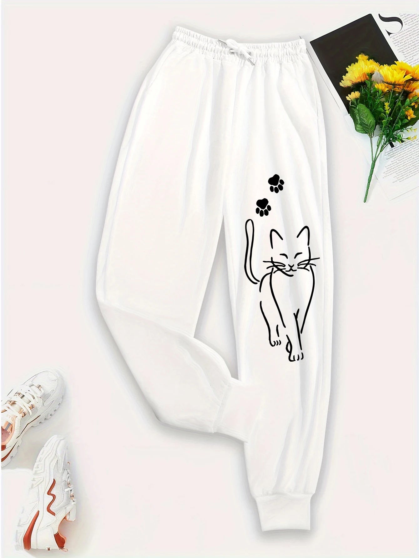 Elegant Cat Print Female Casual Versatile Women Pants Fashion Trendy Trousers With Drawstring Pockets Comfortable Sweatpants