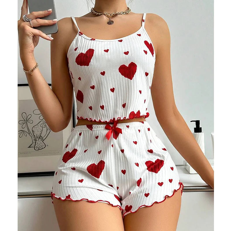 Women Pajama Heart Print Camisole With Shorts Casual Lovely Nightie Home-wear Sleepwear Comfotable Stripe Summer Pajamas Set