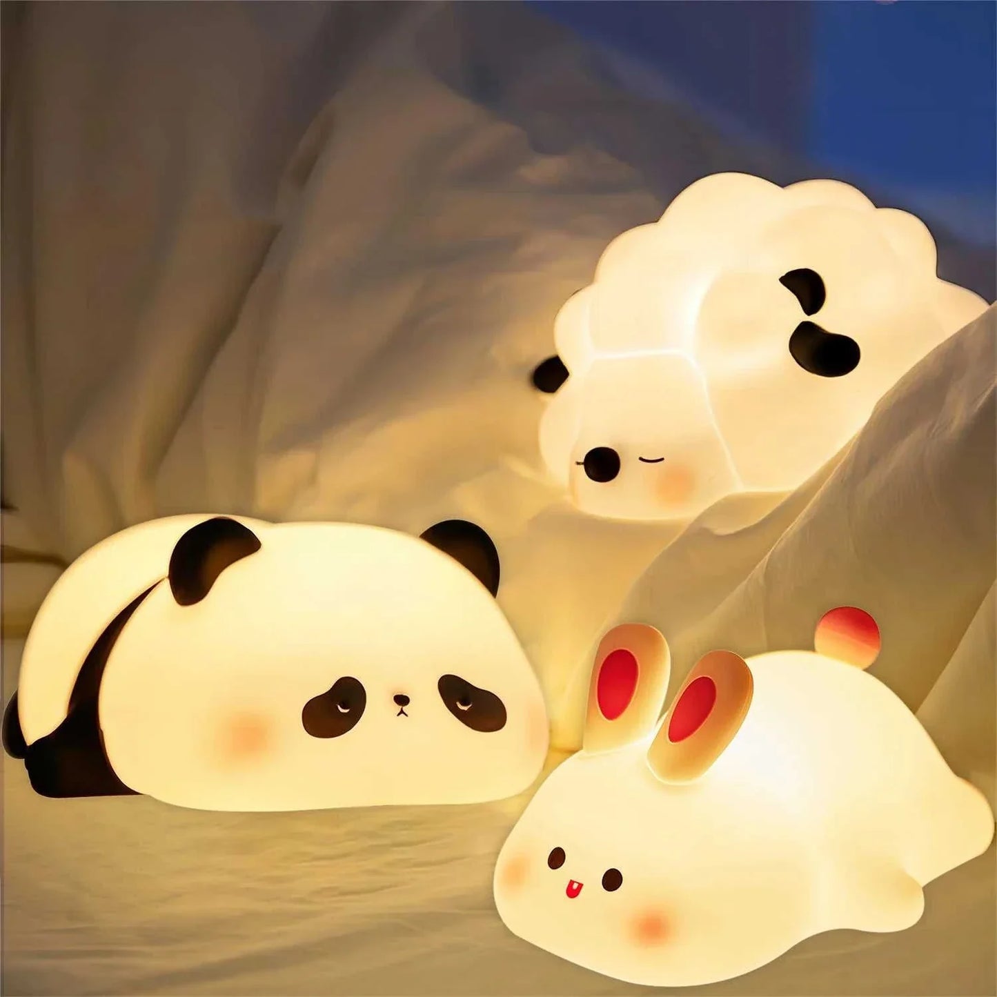 LED night light set featuring cute sheep, panda, and rabbit silicone lamps for bedside decor