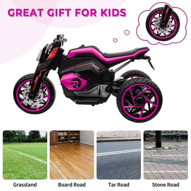 12V Three-Wheel Kids Electric Motorcycle with Horn LED Lights Gift for Ages 3-8 Rosy Color Ride-On Toy