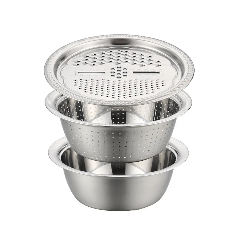 Vegetable Potato Stainless Steel Slicer, Washing Basin, Drain Basket, Multifunctional 3PCS/1 Set