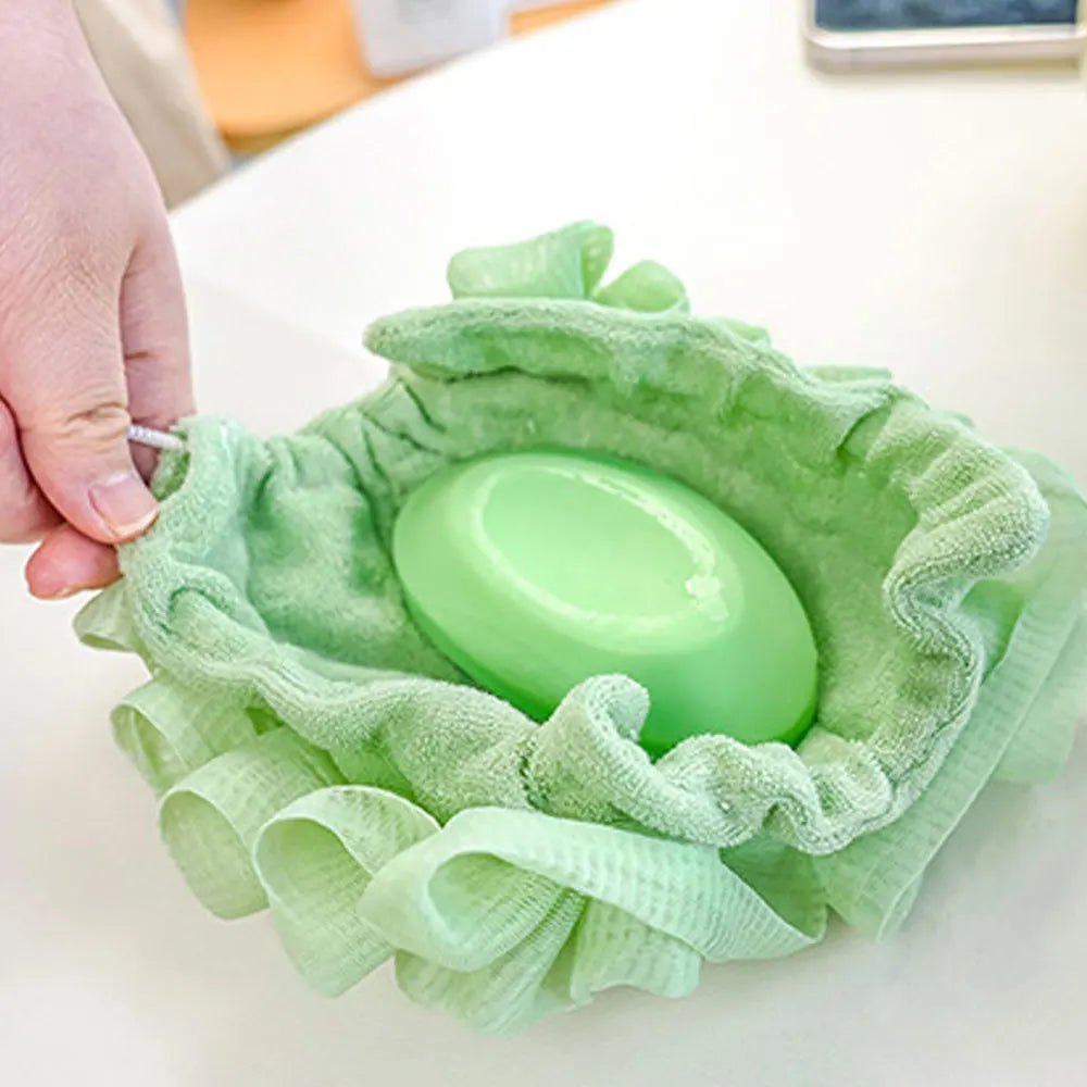 Bath Ball 2 in 1 Towel Loofah With Drawstring Closure For Soap Soft Exfoliating Skin Care Bathing Tool